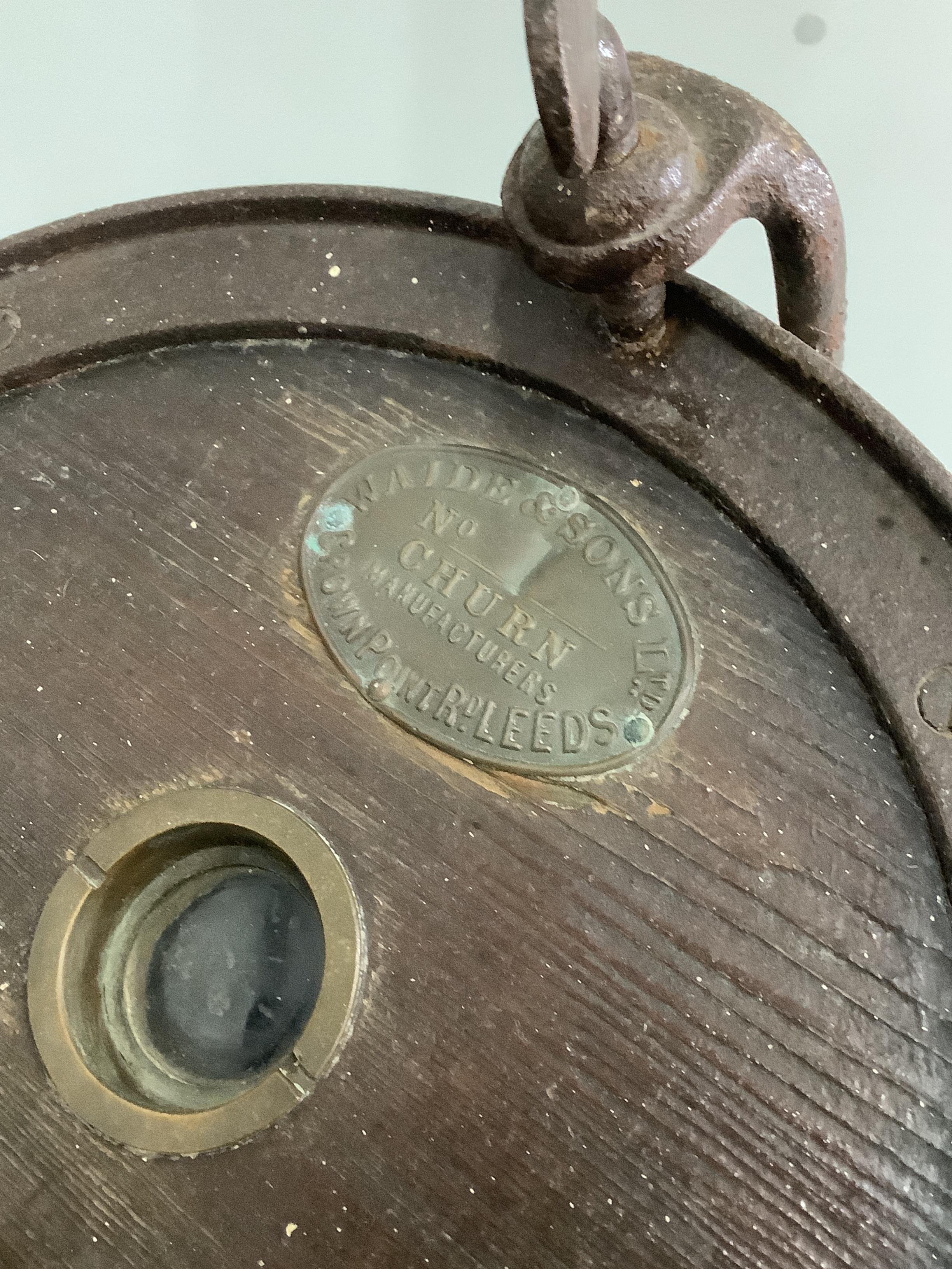 A Victorian Waide & Sons iron bound butter churn, height 76cm